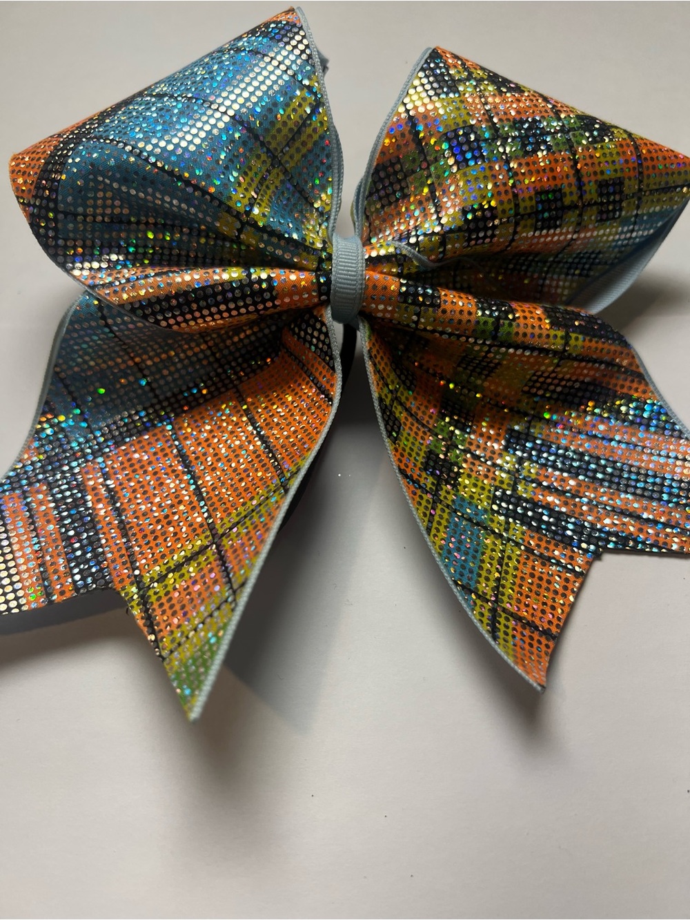 Sparkle Plaid Decorative Bow in Orange and Blue Cheerleading Bow